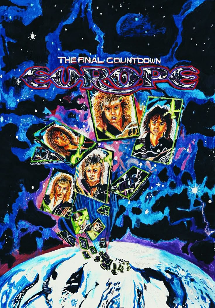 an advertisement for the final countdown album, with images of people in space and stars above them