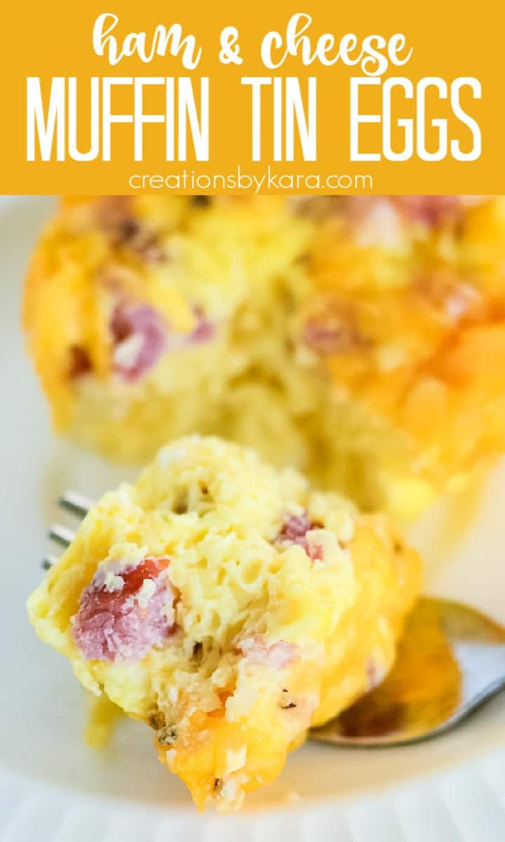 a piece of ham and cheese muffin in eggs on a plate with a fork