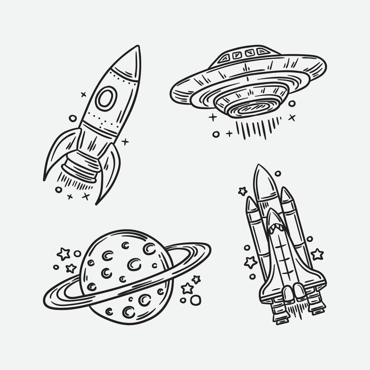 four different types of rockets and planets drawn in black ink on a white paper background