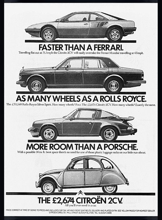 four different types of cars with the words faster than a ferrari as many wheels as a rolls royce