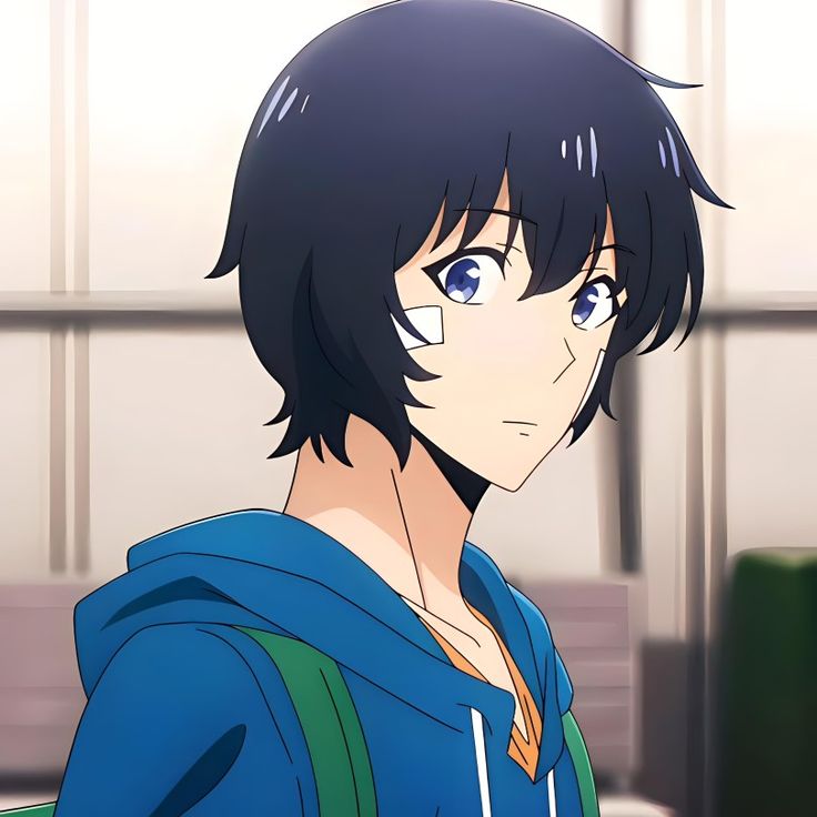 an anime character with black hair and blue eyes looks at the camera while standing in front of a window