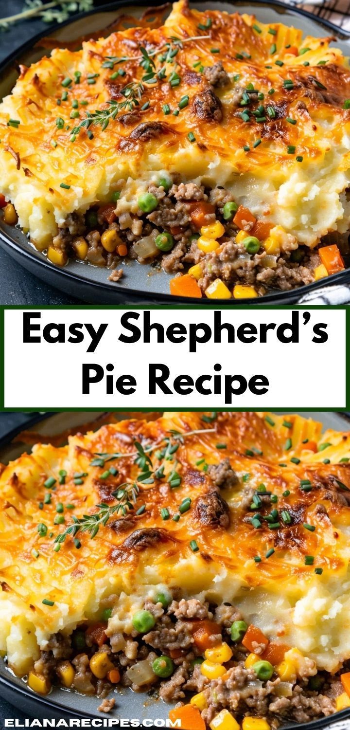 an easy shepherd's pie recipe is shown in two different pans with the same topping