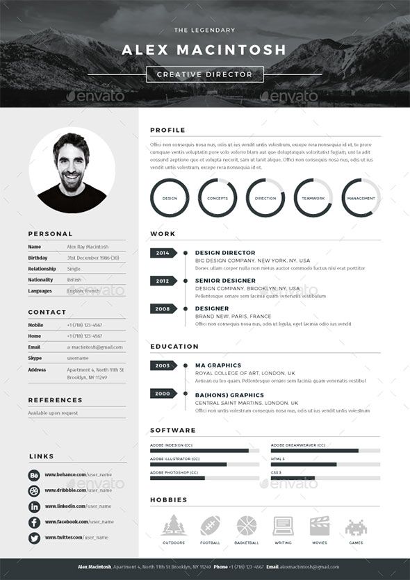 a black and white resume template with an image of a man on the front page