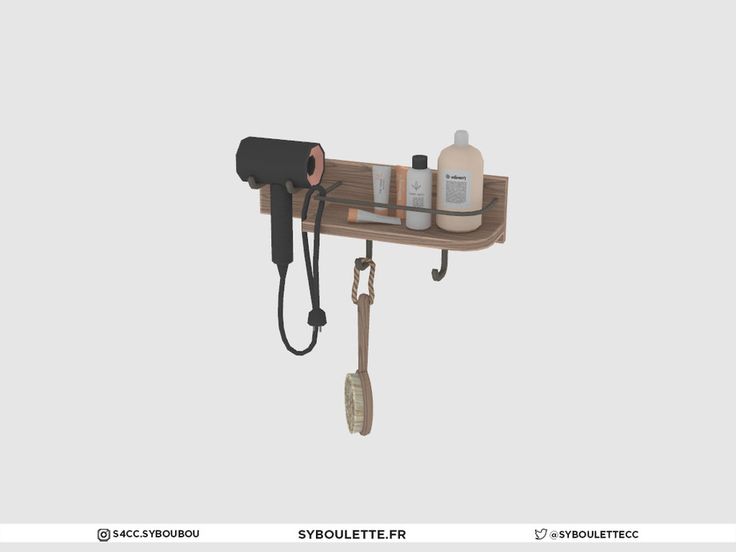 a wooden shelf with two hair dryers on it and some other items hanging from the wall