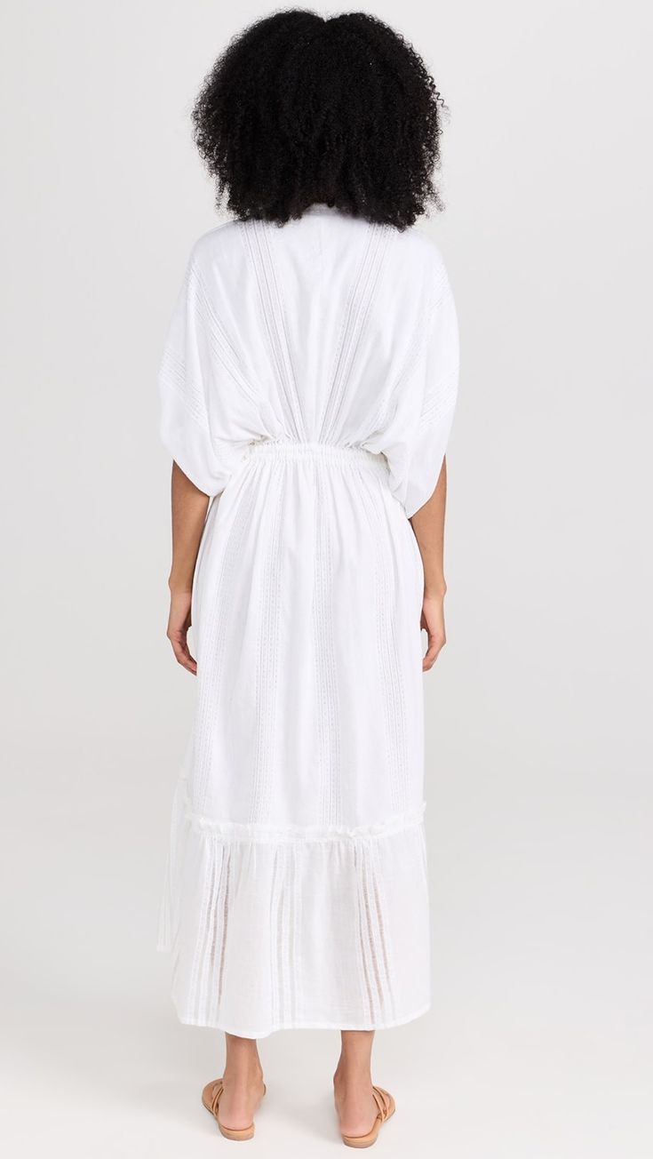 Lemlem Abira Plunge Neck Dress | Shopbop V-neck Beach Dress With Elastic Waistband, Beach V-neck Dress With Elastic Waistband, Beach Midi Dress With Gathered Waist In Cotton, V-neck Dress With Elastic Waistband For Daywear, Cotton V-neck Dress With Gathered Waist, V-neck Midi Dress For Beach Daywear, V-neck Dresses With Elastic Waistband For Daywear, Summer Dresses With Elastic Waistband For Daywear, Chic Midi Dress With Elastic Waistband For Beach