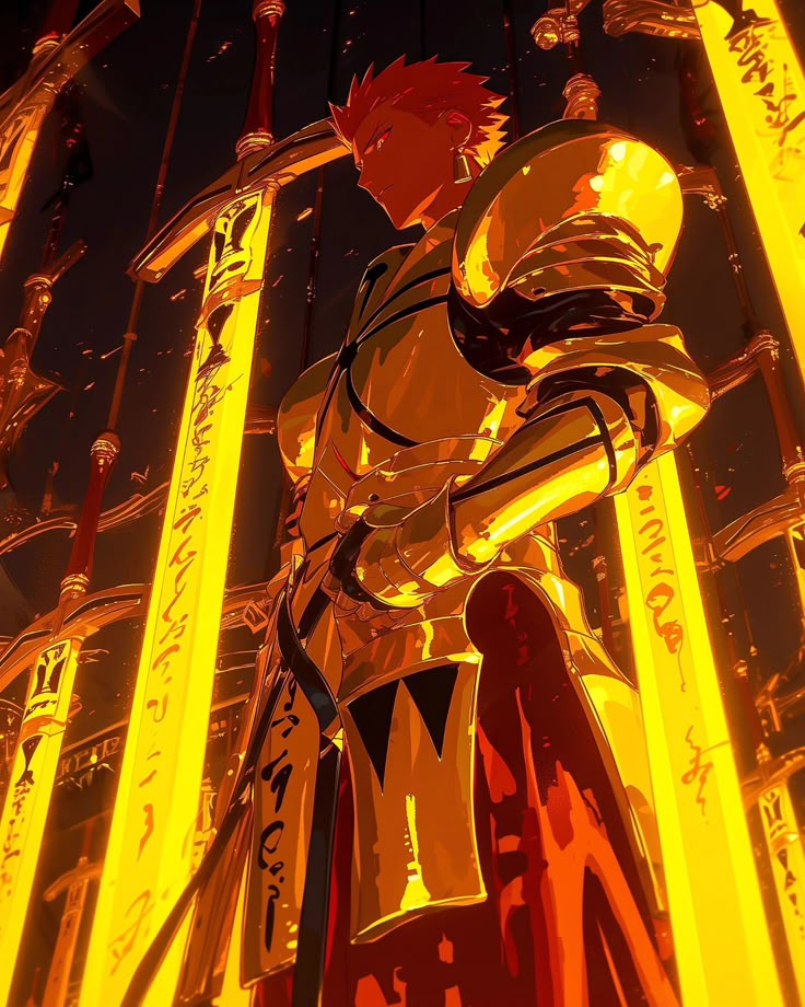 an anime character standing in front of yellow lights