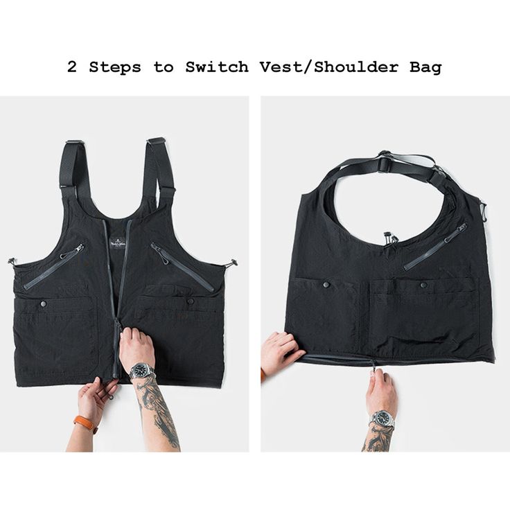 The transformable tactical vest is also a portable clutch and shoulder bag for everyday use. Urban Outdoor, military style, and functional style vests also have a high appearance rate on many social media. Rich details and strong style attributes can be described as a modeling artifacts for taking photos. The functional style can be converted from a vest to a shoulder bag with just one step of zipping the zipper. Multi-pocket and lightweight material design, both inside and outside are the same Multi Functional Clothing, Modular Bag Design, Functional Adventure Vest With Multiple Pockets, Multipurpose Clothing, Utility Vest With Functional Pockets, Transformable Fashion, Upcycle Bag, Functional Nylon Vest With Zipper Closure, Military Vest With Pockets For Streetwear