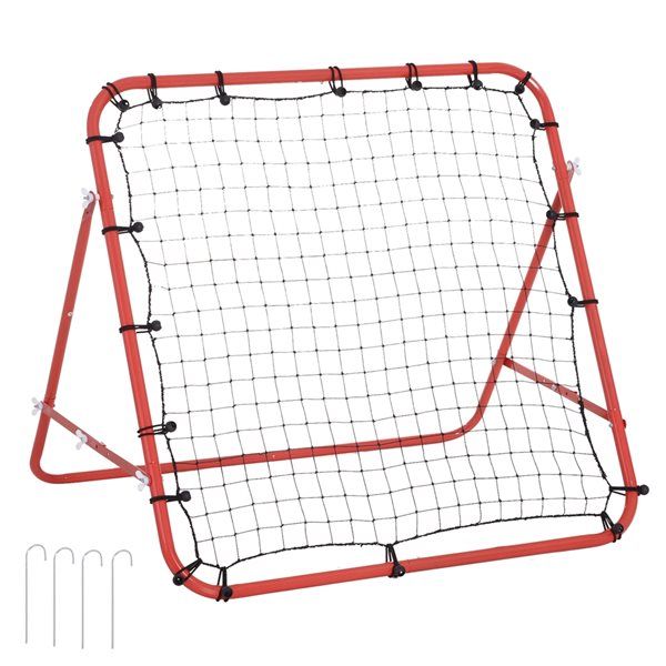 a red and black baseball batting cage on a white background