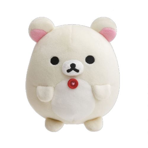 a white stuffed animal with black eyes and pink ears