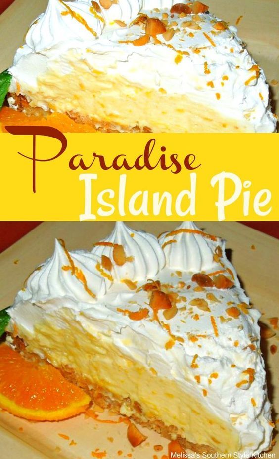 a piece of paradise island pie with whipped cream and oranges on top is shown