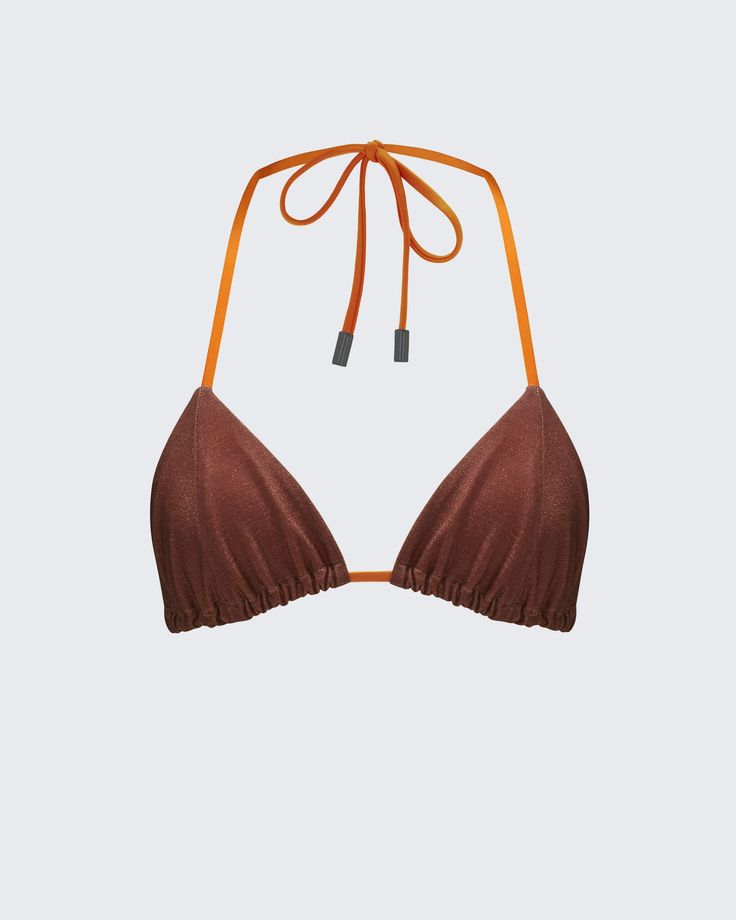 Fitted Brown Halter Top For Beach, Fitted Triangle Halter Top With Padded Cups, Brown Fitted Halter Top For Vacation, Brown Triangle Halter Top For Beach Season, Brown Fitted Nylon Swimwear, Fitted Brown Nylon Swimwear, Fitted Brown Halter Top For Vacation, Fitted Halter Top With Padded Cups And T-back, Brown Triangle Halter Top For Beachwear