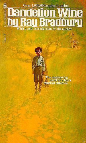 the cover to dandelion wine du ray bradbury's book, featuring an image of a man walking down a path