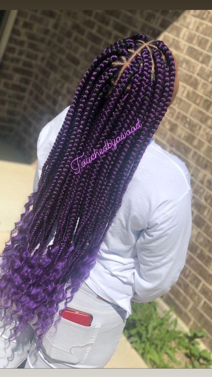 Box Braids Hairstyles Purple And Black, Purple Hair Braids Hairstyles, Braids With Purple Hair, Purple And Black Hair Braids, Purple Box Braids With Curly Ends, Box Braids Hairstyles Purple, Goddess Braids With Purple, Knotless Box Braids Purple, Purple Twists Black Women