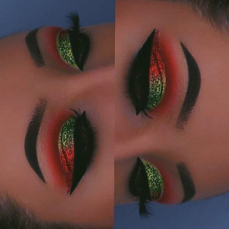 Christmas Eye Makeup Hooded Eyes, Santa Hat Makeup, Red Green Eyeshadow, Wicked Makeup Looks Glenda, Christmas Freckles Makeup, Christmas Smokey Eye, Red And Green Eyeshadow Looks, Christmas Parade Makeup, Makeup Looks For Christmas Party