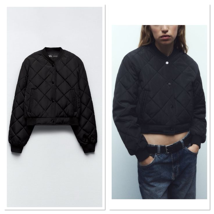 Zara Quilted Cropped Bomber Jacket Details: Black| 3046/227 Round Collar Jacket With Cuffed Long Sleeves. Front Double Welt Pockets. Front Metal Snap Button Closure. Black Quilted Jacket For Work, Black Quilted Long Sleeve Jacket For Work, Trendy Black Quilted Jacket For Fall, Trendy Black Quilted Winter Jacket, Black Cropped Jacket With Padded Collar For Fall, Black Quilted Jacket With Pockets For Fall, Fall Black Quilted Jacket With Padded Collar, Fitted Black Quilted Jacket, Black Long Sleeve Puffer Jacket For Work