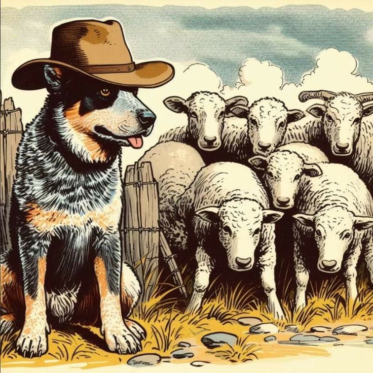 a dog wearing a cowboy hat standing in front of a herd of sheep