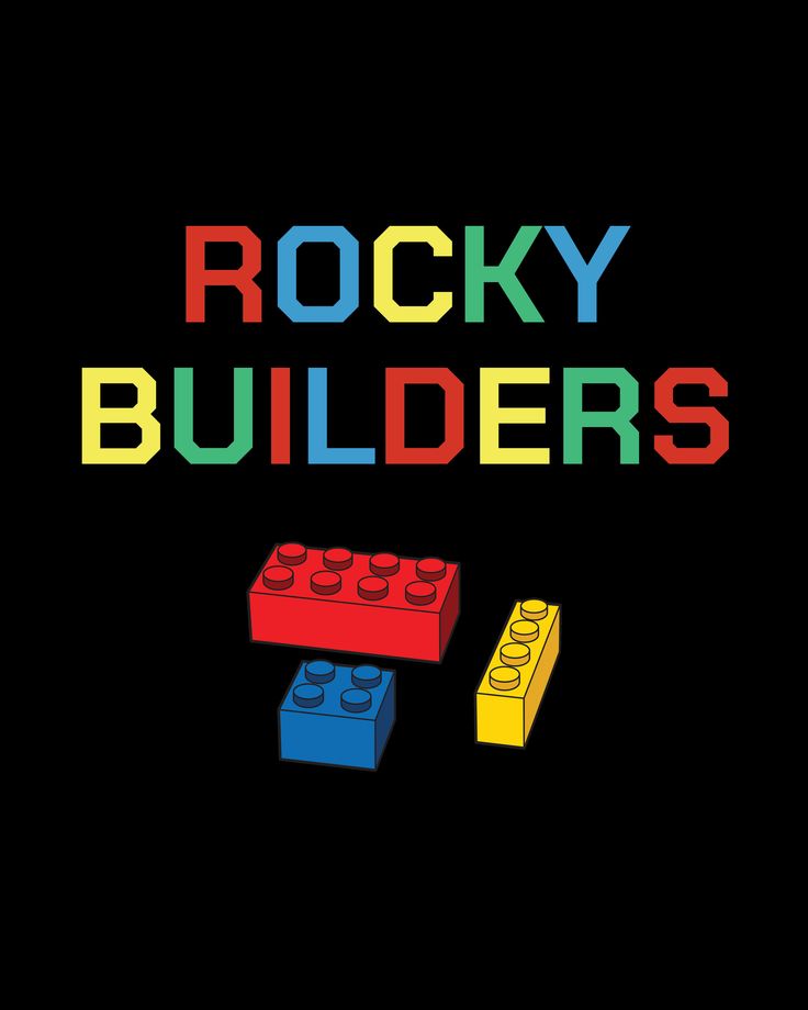 the words rocky builder are written in multicolored letters on a black background with legos