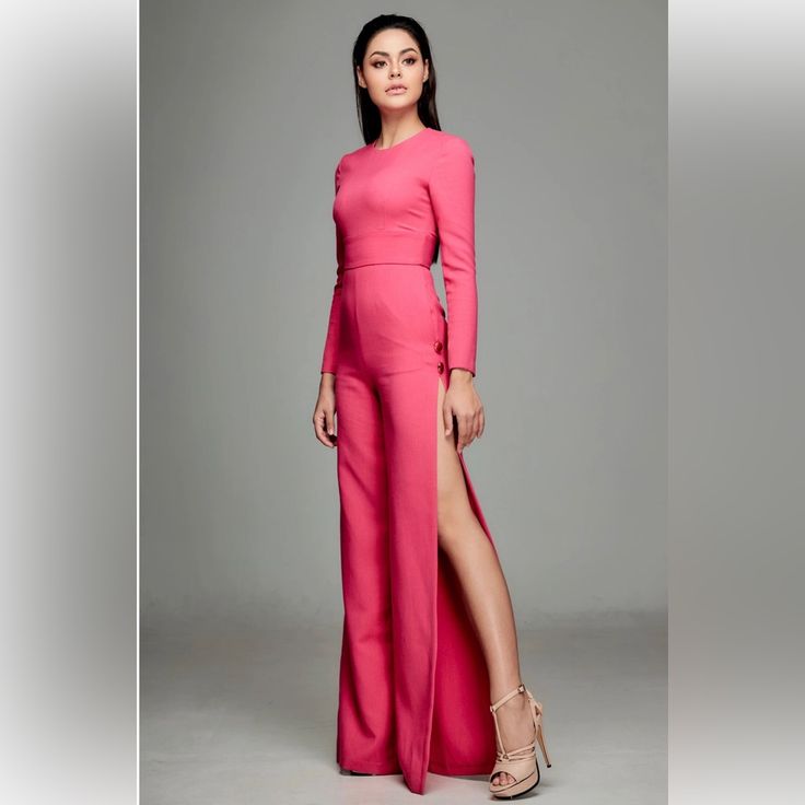 Peeya Brand Pink Jumpsuit With Side Slits. Perfect For Many Occasions. Pink Long Sleeve Pantsuit For Evening, Fitted Jumpsuits And Rompers With Split For Party, Fitted Split Jumpsuits And Rompers For Party, Chic Fitted Split Jumpsuits And Rompers, Bridal Romper, Pink Luxury, Army Green Shorts, Yellow Romper, Leather Jumpsuit