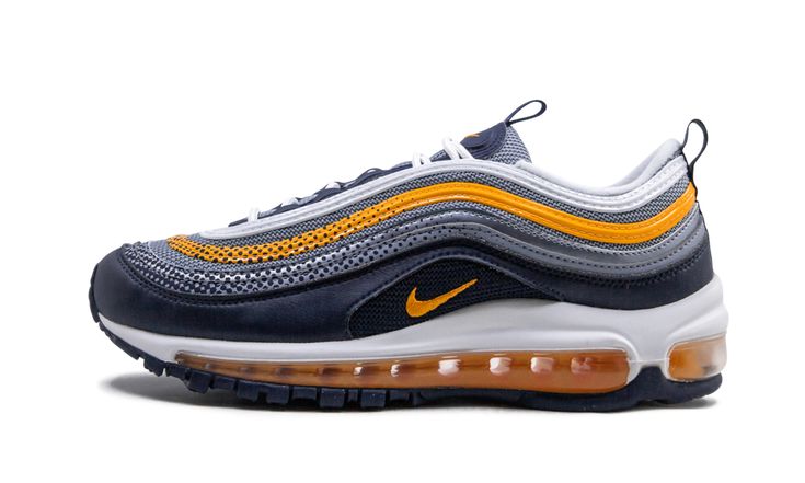 The Nike Air Max 97 SE "Obsidian Mist" is a cool adult style that kids can wear too. On this version, a navy leather mudguard starts the shoe design, and wavy lines of mesh and leather in light blue and yellow break up the darker tone below. Also seen on the upper is a geometric graphic pattern that is bolder at the forefoot but fades toward the heel. The Nike Air Max 97 dons a white foam midsole with full-length Max Air cushioning in yellow and a navy blue outsole. | Air Max 97 RF (GS) Midnight Air Max 97 Outfit, Buy Nike Shoes, Wavy Lines, Glitter Sneakers, Shoe Design, Geometric Graphic, Stadium Goods, Loafer Sneakers, Nike Kids