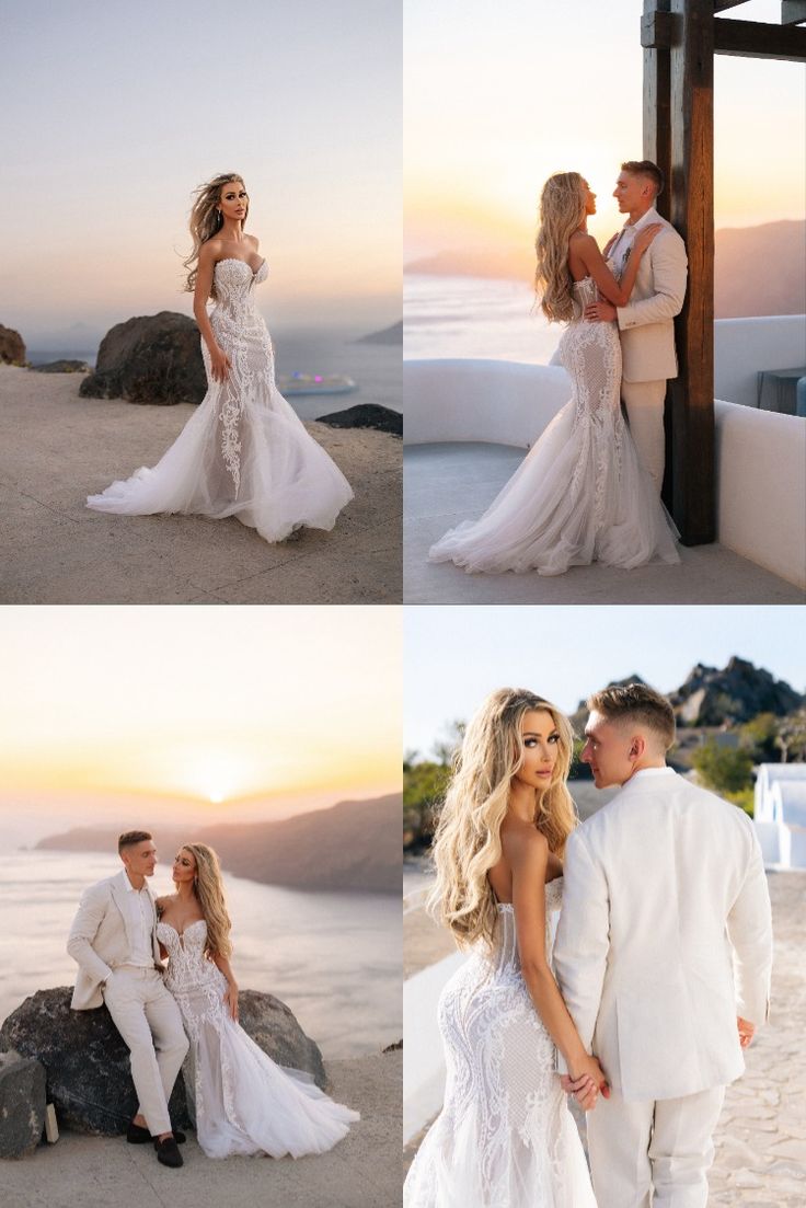 the bride and groom are posing for pictures on the beach in front of the sunset