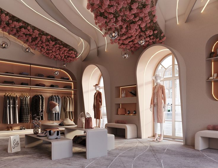 the interior of a clothing store with mannequins and flowers hanging from the ceiling