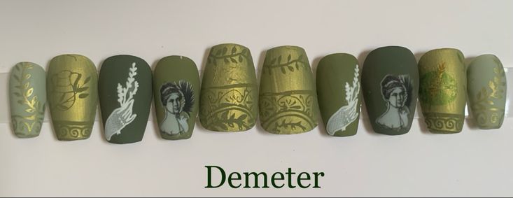 Short coffin, crying mother, fern, wheat, harvest, green, gold Apollo Inspired Nails, Greek Mythology Nail Art, Goddess Nails Greek, Grecian Nails, Greek Mythology Nails, Greek Style Nails, God Nails, Greek Goddess Nails, Mother Fern