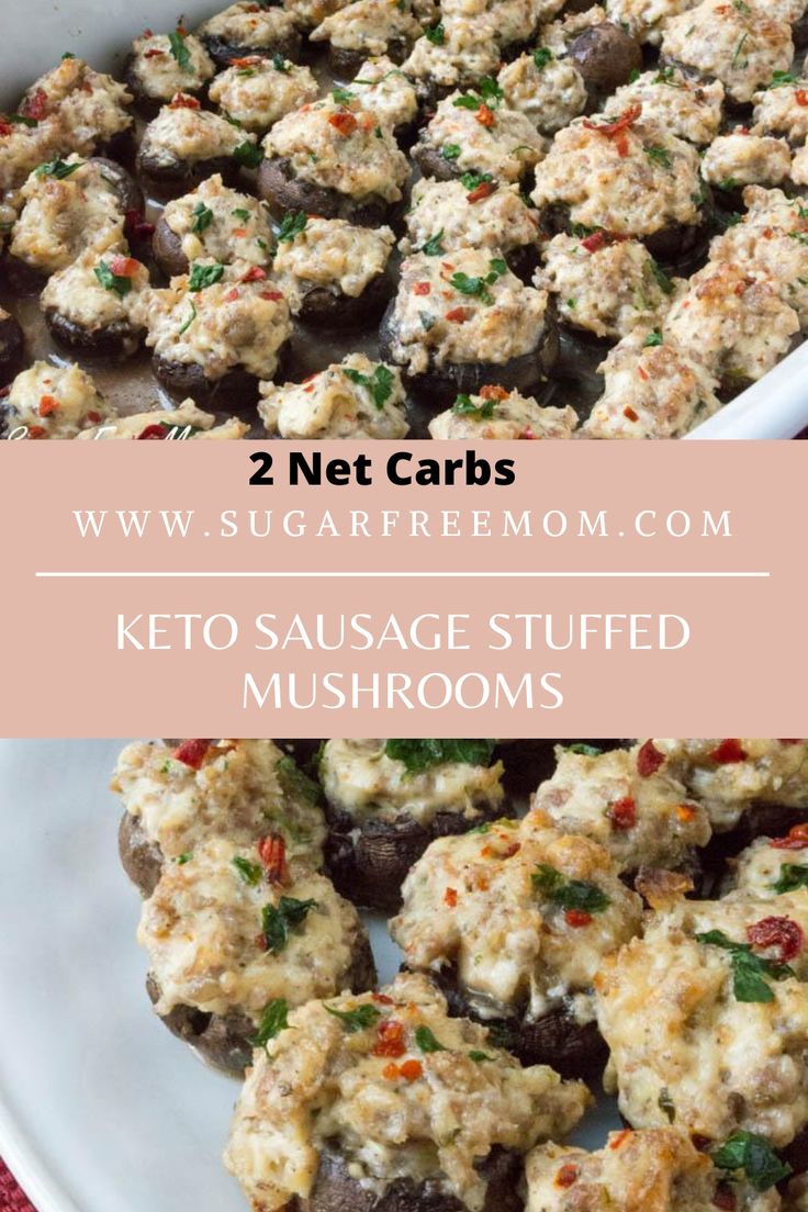 keto sausage stuffed mushrooms in a casserole dish with text overlay that reads 2 net carbs