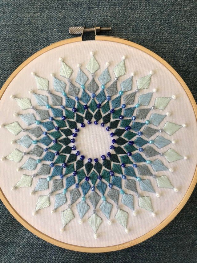 an embroidery project with blue and green designs