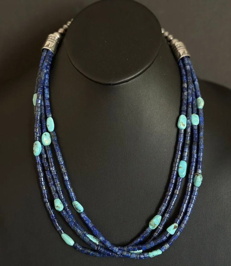 Sterling Silver Multi Strand Stone Lapis Turquoise Bead Necklace. 24 inch Turquoise Bead Necklaces, Jewelry Armoire, Multi Strand Necklace, American Jewelry, Etsy Jewelry, Native American Jewelry, Turquoise Beads, Multi Strand, Jewelry Designs