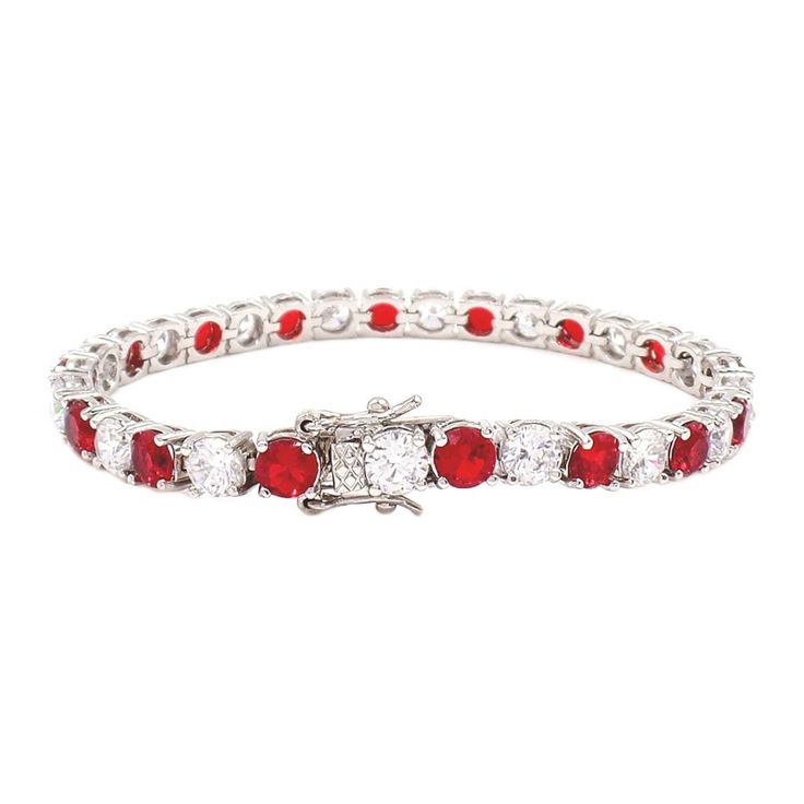 This Bracelet Graces Your Wrist In Sparkling Hues Of Cubic Zirconia And Synthetic Ruby For A Delicate, Elegant Design. 0.23'' W X 7.5'' L Box Clasp Rhodium-Plated Brass / Cubic Zirconia / Lab-Created Ruby Imported Red Diamond Bracelet As Gift, Red Diamond Jubilee Bracelet Gift, Red Tennis Bracelet Gift, Formal Red Tennis Bracelet, Red Jubilee Bracelet For Party, Red Cubic Zirconia Diamond Bracelet As A Gift, Red Jubilee Bracelets For Parties, Red Diamond Tennis Bracelet For Weddings, Luxury Red Tennis Bracelet As Gift