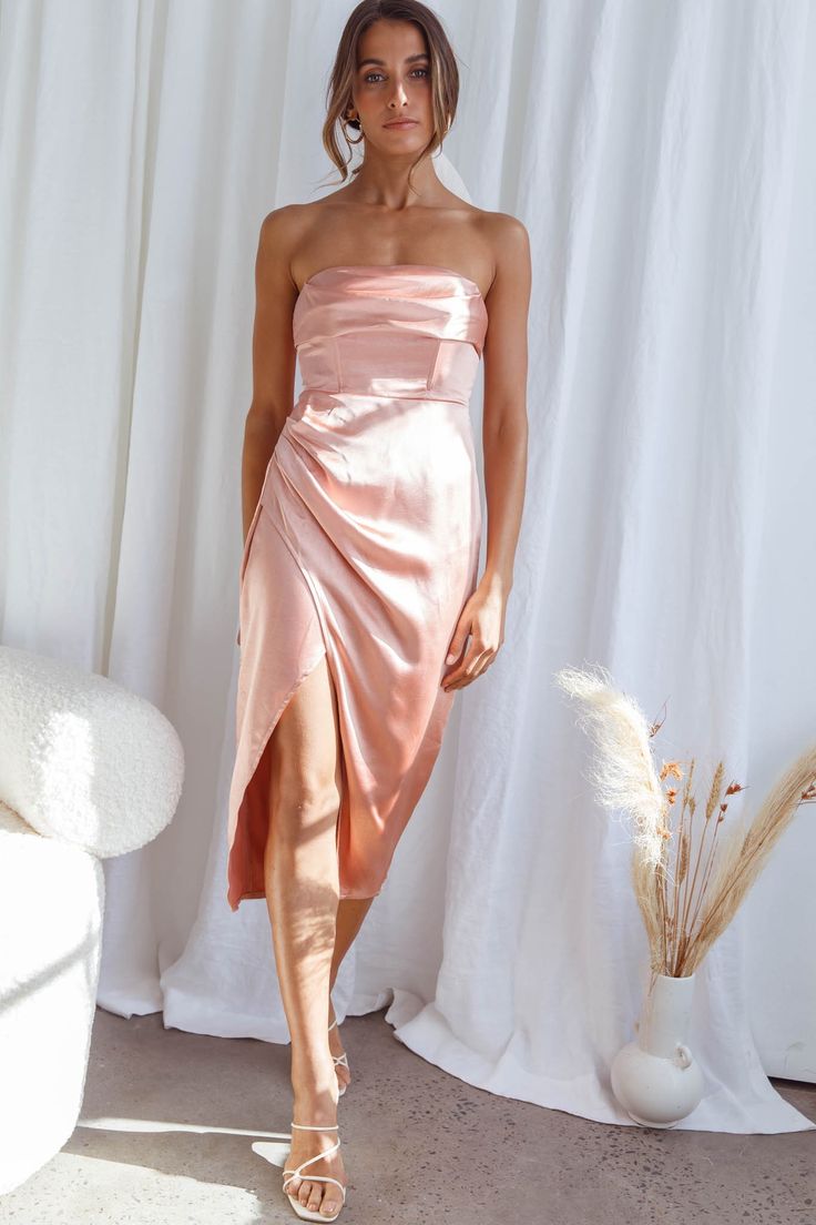 Buy the Dolce Vita Cowl Bust Strapless Midi Dress Apricot | Selfie Leslie Selfie Leslie, Talk Of The Town, Strapless Midi Dress, Clothing Tags, The Talk, It Girl, Satin Fabric, Strapless Dress Formal, Apricot