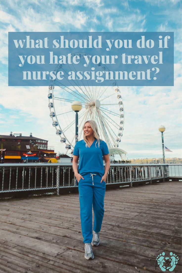 a woman standing in front of a ferris wheel with the words how to become a travel nurse