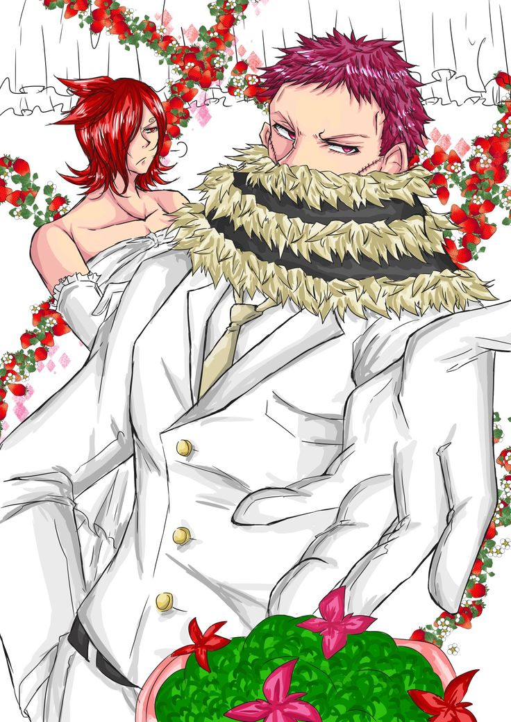 an anime character with red hair wearing a white suit and fur collar, standing in front of flowers