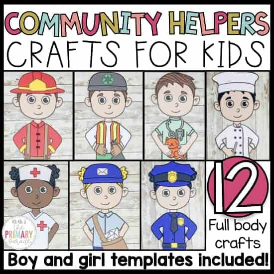 a poster with the words community helpers crafts for kids, including two boys and one girl