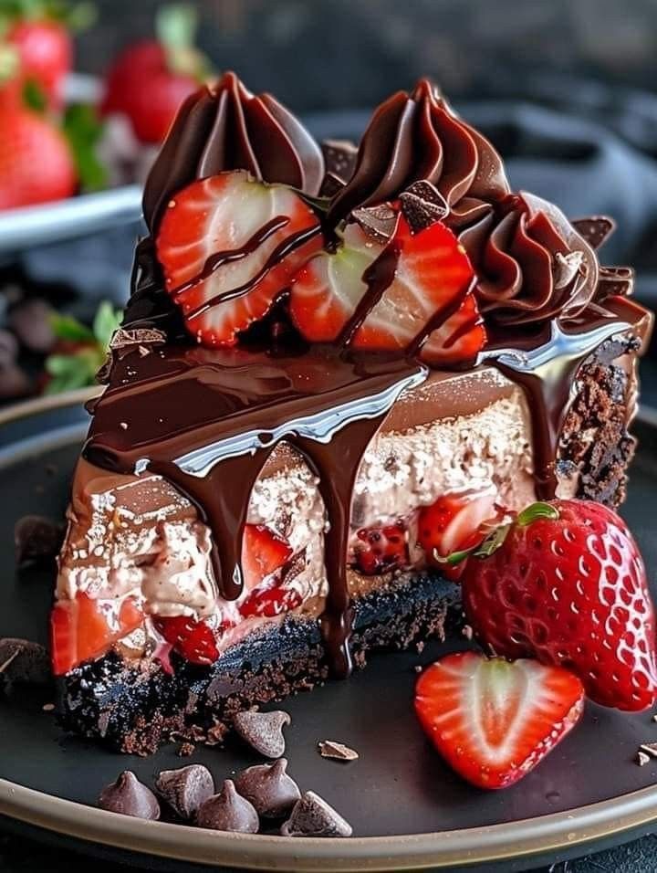 a piece of chocolate cake with strawberries on top