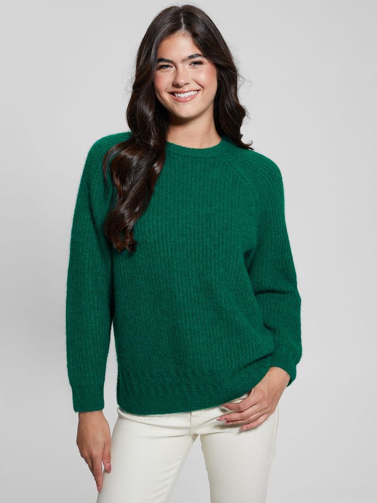 Cable-knit sweater Crew neck Long sleeves Regular fit and length Slips on 47% Polyester, 28% Recycled Polyester, 14% Acrylic, 5% Wool, 3% Elastane/Spandex, 3% Alpaca Hand wash Classic Stretch Sweater With Textured Knit, Classic Textured Knit Stretch Sweater, Classic Green Textured Knit Sweater, Green Sweater For Work, Stretch Knit Sweater With Ribbed Cuffs, Stretch Knit Sweater For Work, Winter Green Crew Neck Knit Top, Green Crew Neck Knit Top For Winter, Green Sweater With Ribbed Cuffs For Work