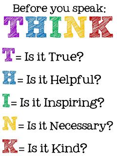 the words think before you speak are written in different colors and font on a white background