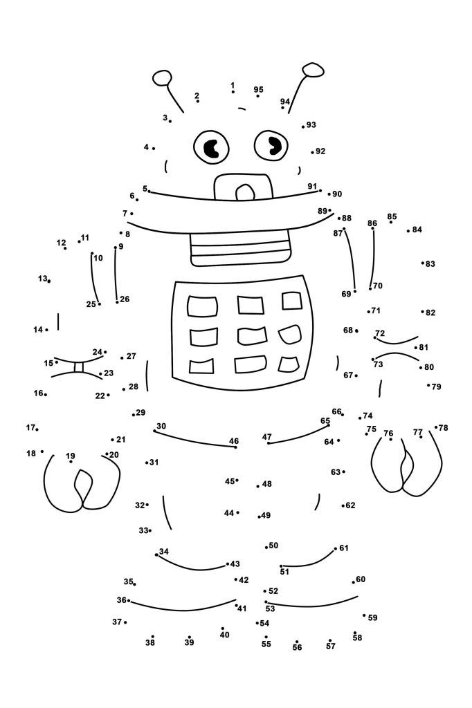 connect the dots to draw numbers with an image of a cartoon character in black and white