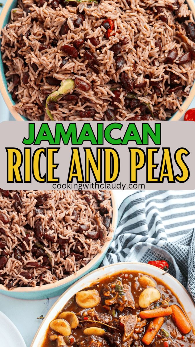 jamaican rice and peas in a bowl with text overlay that reads, jamaican rice and peas