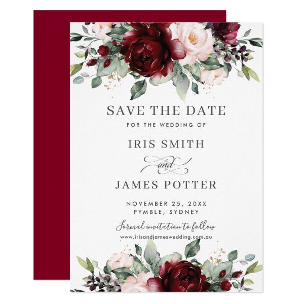 the burgundy and white floral wedding save the date card is shown with red flowers on it