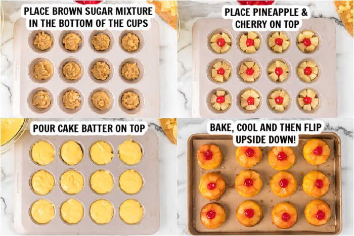 the steps to making mini cupcakes are shown in four different stages, including baking