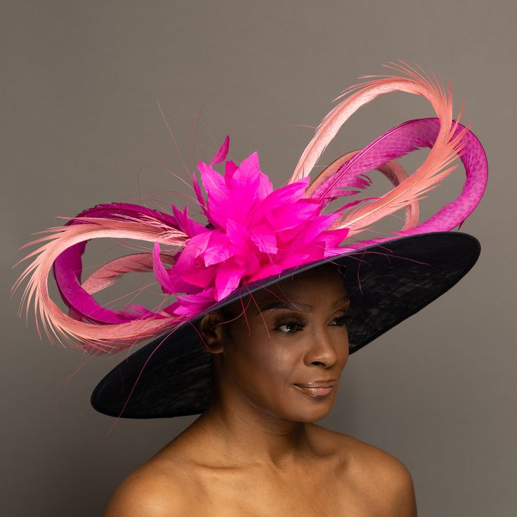 Custom Kentucky Derby hat - you pick the style you like! This style consists of a sinamay hat base, father flower, and a pheasant feather bow. After Party Outfit, Custom Fitted Hats, Derby Outfits, Derby Hats Fascinators, Sinamay Hats, Unique Hair Accessories, Black Fascinator, Purple Hats, Kentucky Derby Hats