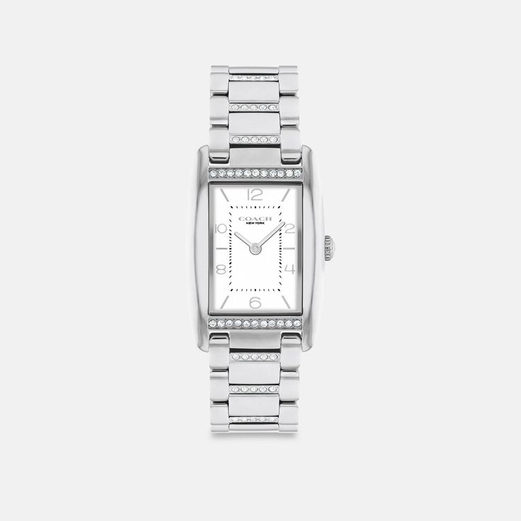 A distinctive stately design the minimalist Reese watch is an elevated choice for everyday. Sparkling with crystals this stainless steel bracelet design features a satin dial detailed with a mix of numerical and stick markers. It’s accented with our Signature on the clasp for a heritage touch. | Coach Reese Watch, 24 Mm X 35 Mm - Women's - Stainless Steel Elegant Coach Watch With Polished Finish, Coach Watches With Diamond Hour Markers And Round Dial, Coach Watch With Diamond Hour Markers, Silver Watch With Metal Dial For Work, Luxury Silver Coach Watch, Elegant Silver Coach Watch, Luxury Coach Watches With Diamond Hour Markers, Elegant Silver Watch With Analog Display, Timeless Diamond Watch With Rectangular Metal Dial