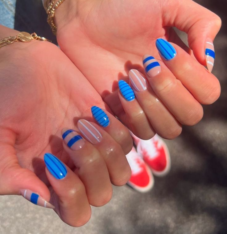 Fun Color Nails Acrylic, Navy Nails Inspiration, Two Color Nail Design Simple, Navy Blue And Green Nails, Nubby Nails, Ora Nails Ideas, 2024 Trending Nails, Fun Summer Nails Design 2024, Fun Cute Nails