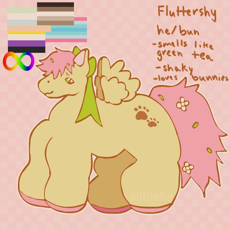 an image of a cartoon horse with words on it's back and the word fluttershy he / bun smells like green tea shakes bums