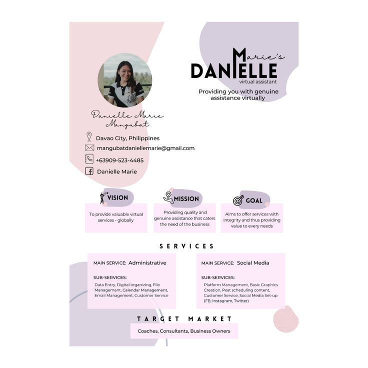 a pink and white resume with an image of a woman on the front, and words above