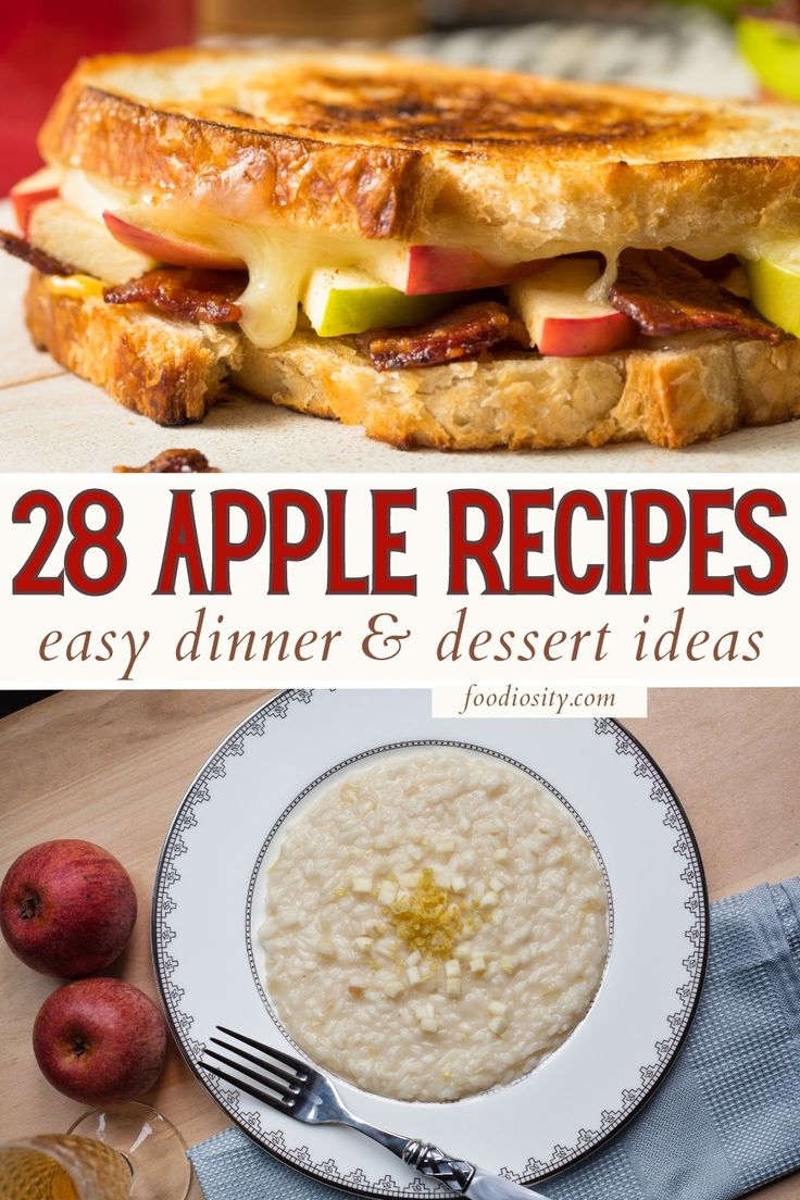 an apple and cheese sandwich is shown with the words 28 apple recipes