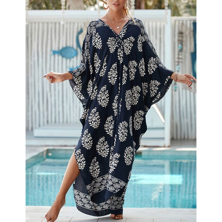 Navy Blue Print Long Kinimo Beachwear Blue Maxi Length Poolside Cover-up, Blue Printed Beach Dress For Poolside, Blue Flowy Cover-up For Beach Season, Blue Bohemian Resort Cover-up, Casual Blue Flowy Cover-up, Relaxed Fit V-neck Cover-up For Vacation, Blue Bohemian Cover-up For Resort Season, Chic Blue V-neck Cover-up, Blue Printed Beach Dress