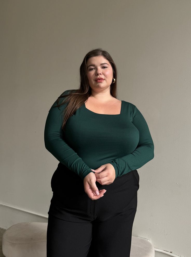 A timeless favorite for everyday wear, the Plus Size Square Neck Long Sleeve Top is sure to be pulled out of your closet again and again. Featuring a basic design of long sleeves, a square neckline, and a bodycon fit, this top is as comfortable as it is flattering. Pair it with your favorite trousers for work or throw it on with a pair of jeans for a casual look. This top features a bodycon fit, long sleeves and a square neckline. The material is a buttery soft, stretchy woven. This top is made Square Neck Tops For Workwear In Fall, Stretch Square Neck Top For Workwear, Fall Workwear Tops With Square Neck, Fall Square Neck Solid Color Top, Square Neck Long Sleeve Top, Square Neck Long Sleeve, Womens Fashion Inspiration, Basic Design, Again And Again