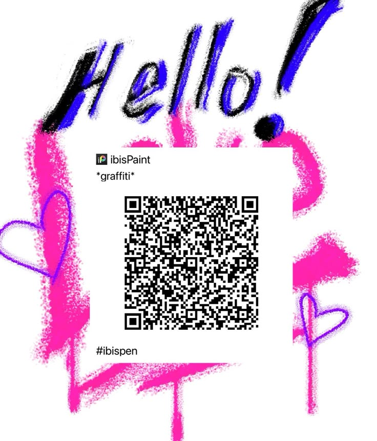 a qr code with the word hello painted on it in pink and blue ink